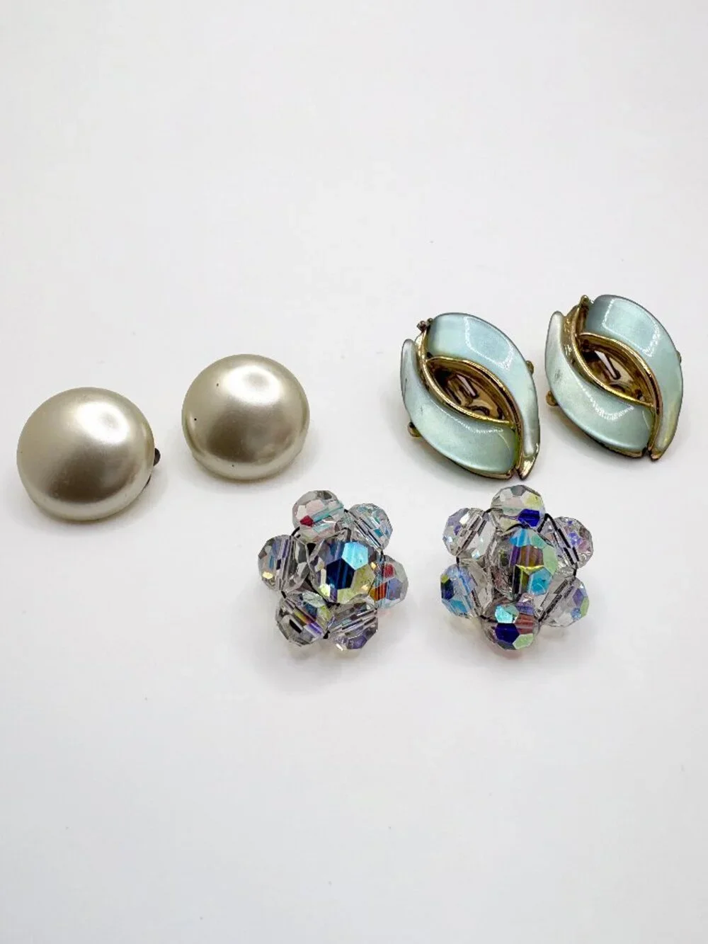 Vintage Earring Lot Lucite AB Crystal Cluster Faux Pearl Japan Mid Century - Picture 1 of 5